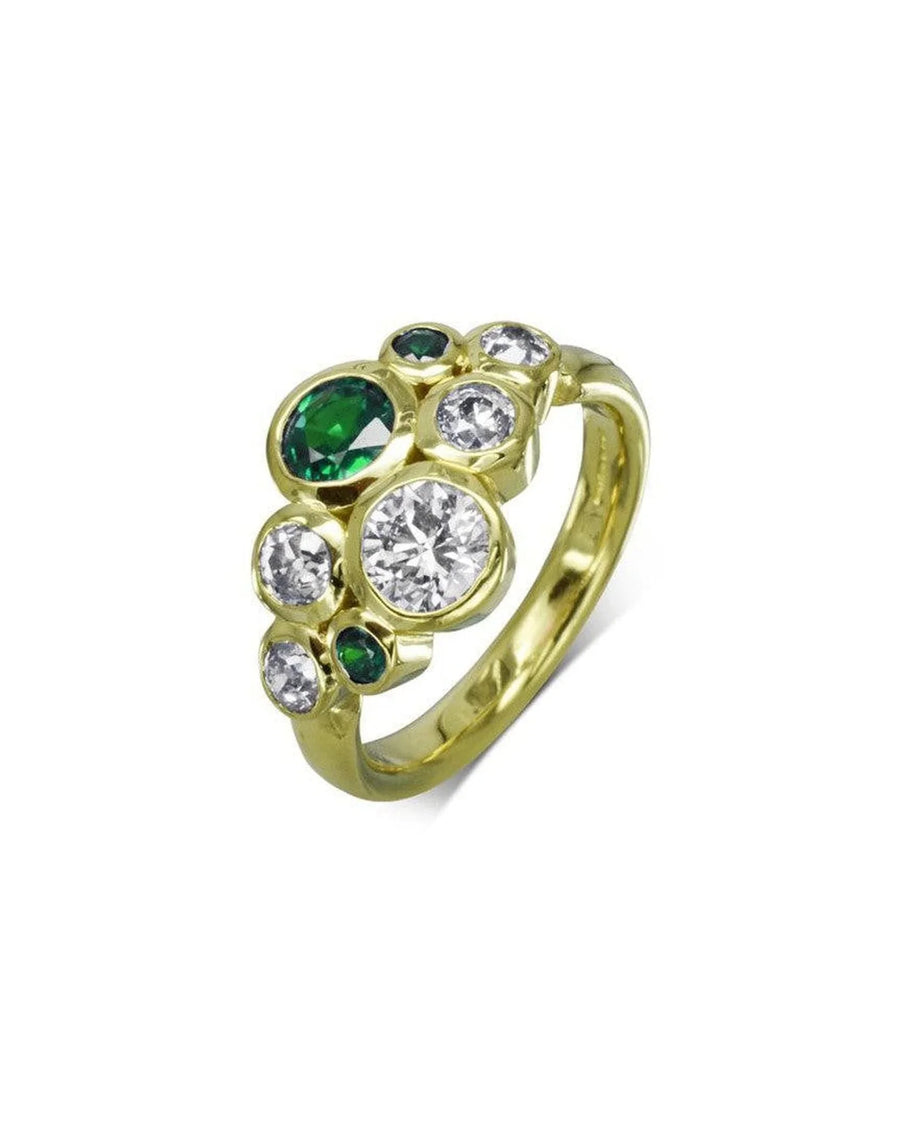 gold ring with cluster of emerald and diamond gemstones in organic bubble design