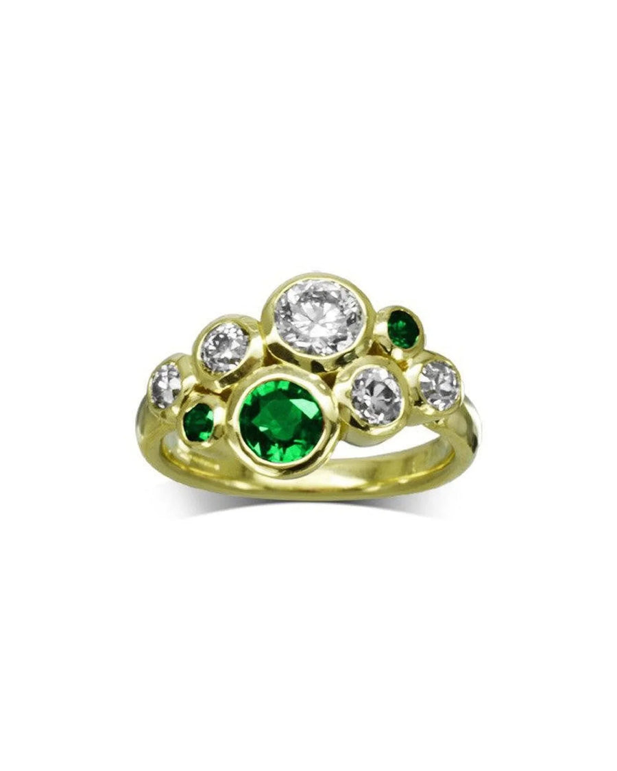 Gold cluster ring with emerald and diamond stones in organic bubble design