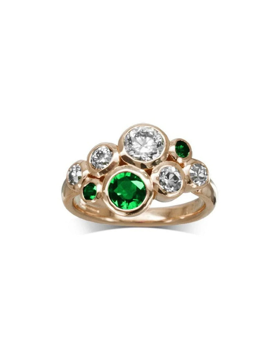 Gold cluster ring with round emerald and diamond gemstones in organic bubble design