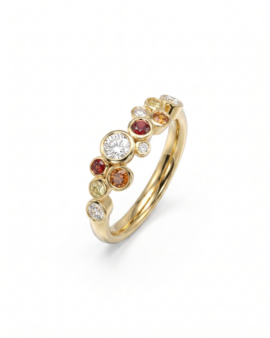 Gold half eternity ring with round fire sapphire and diamond gemstones.