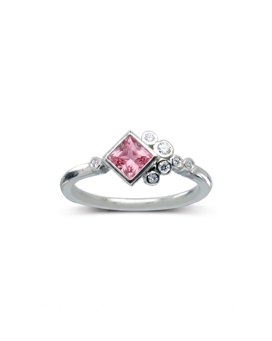 9ct white gold ring with a square pink sapphire and round diamonds.
