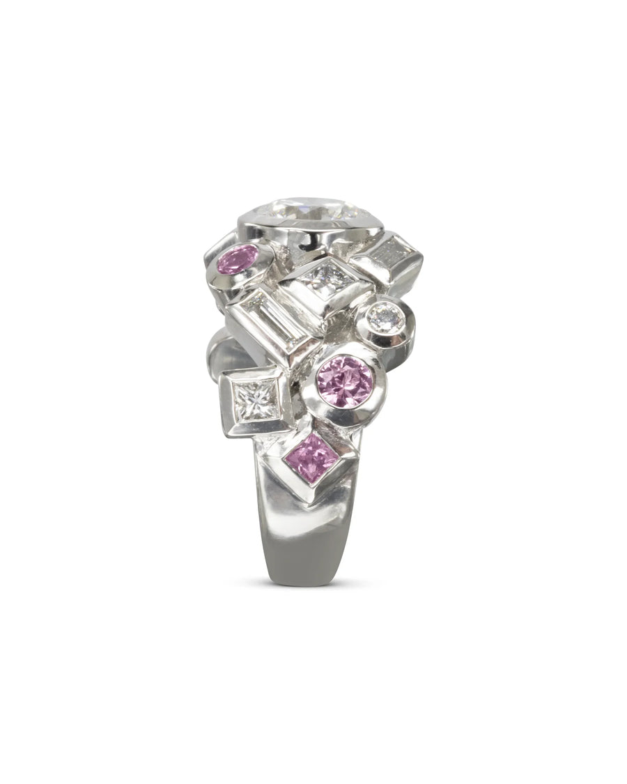 Unique white gold ring with pink sapphires and diamonds, organic and geometric design