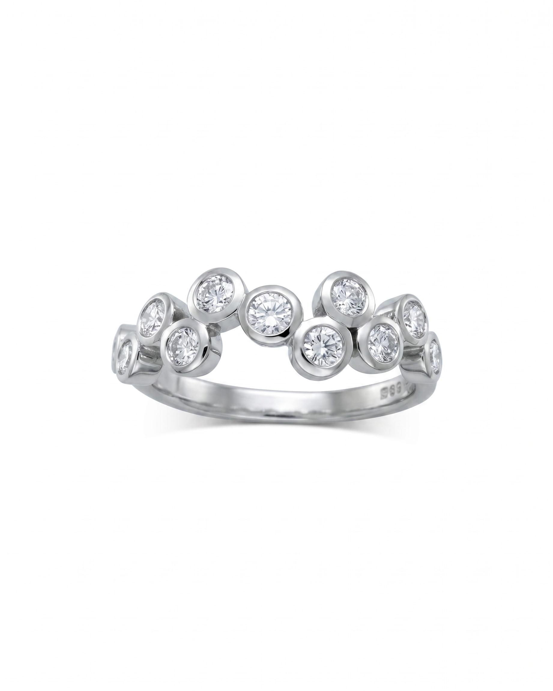 9ct white gold half eternity ring with large round diamonds in bubble settings.