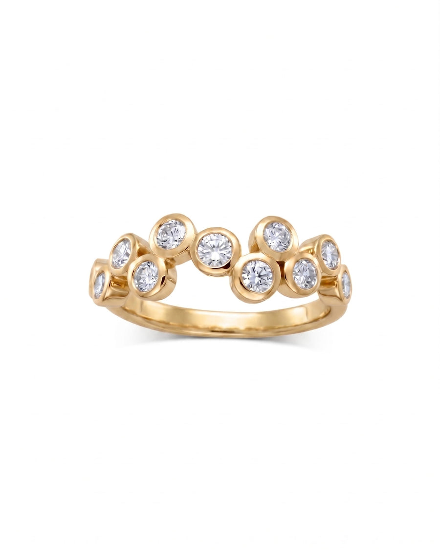 9ct yellow gold half eternity ring with bezel-set round diamonds.