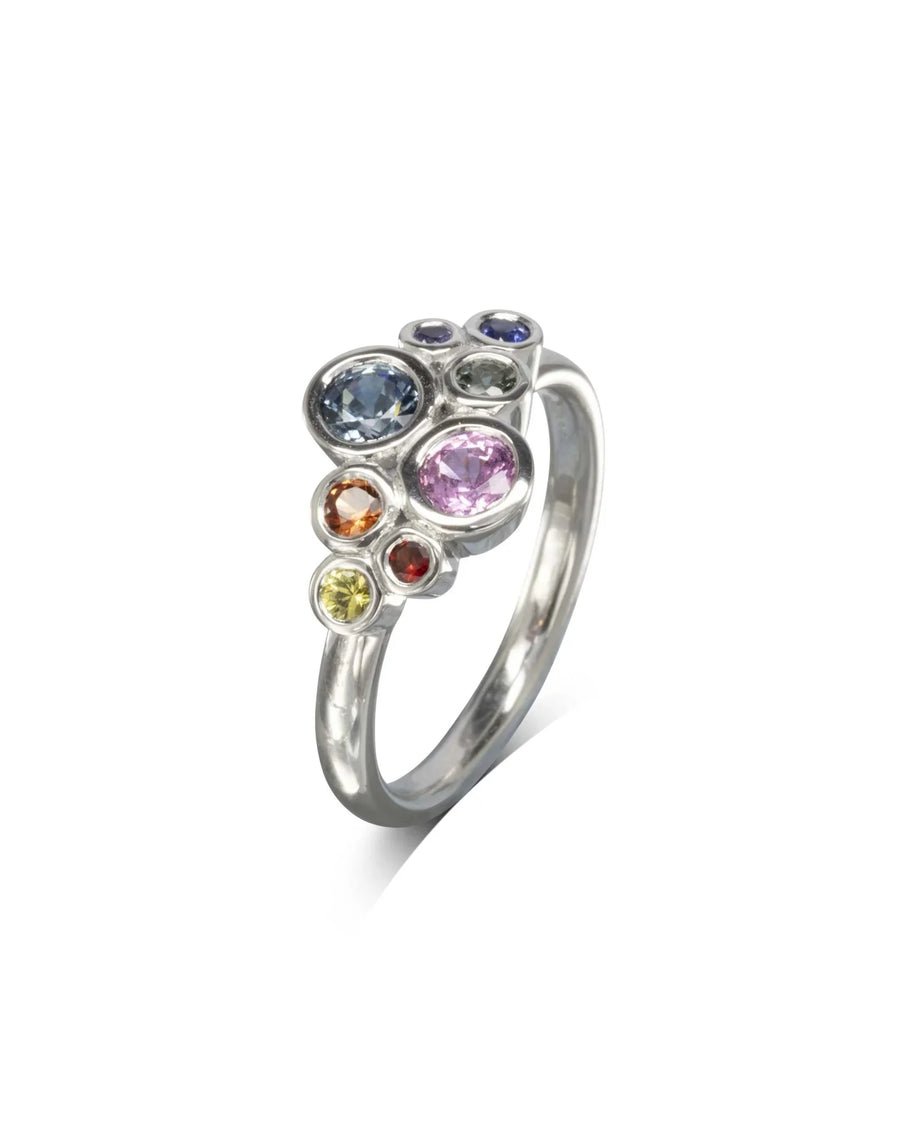 9ct white gold cluster ring with multi-coloured sapphires.