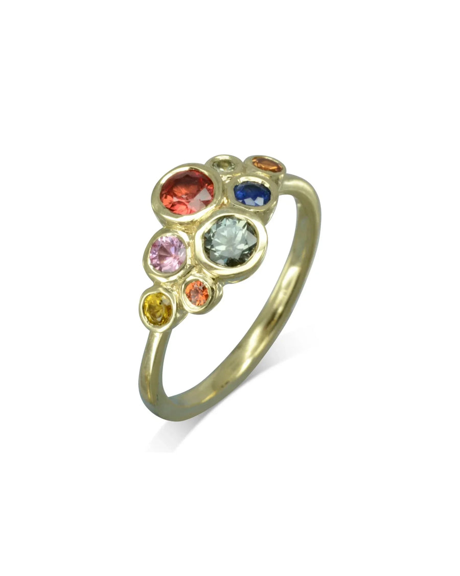 9ct yellow gold ring with a cluster of multi-coloured sapphire gemstones.