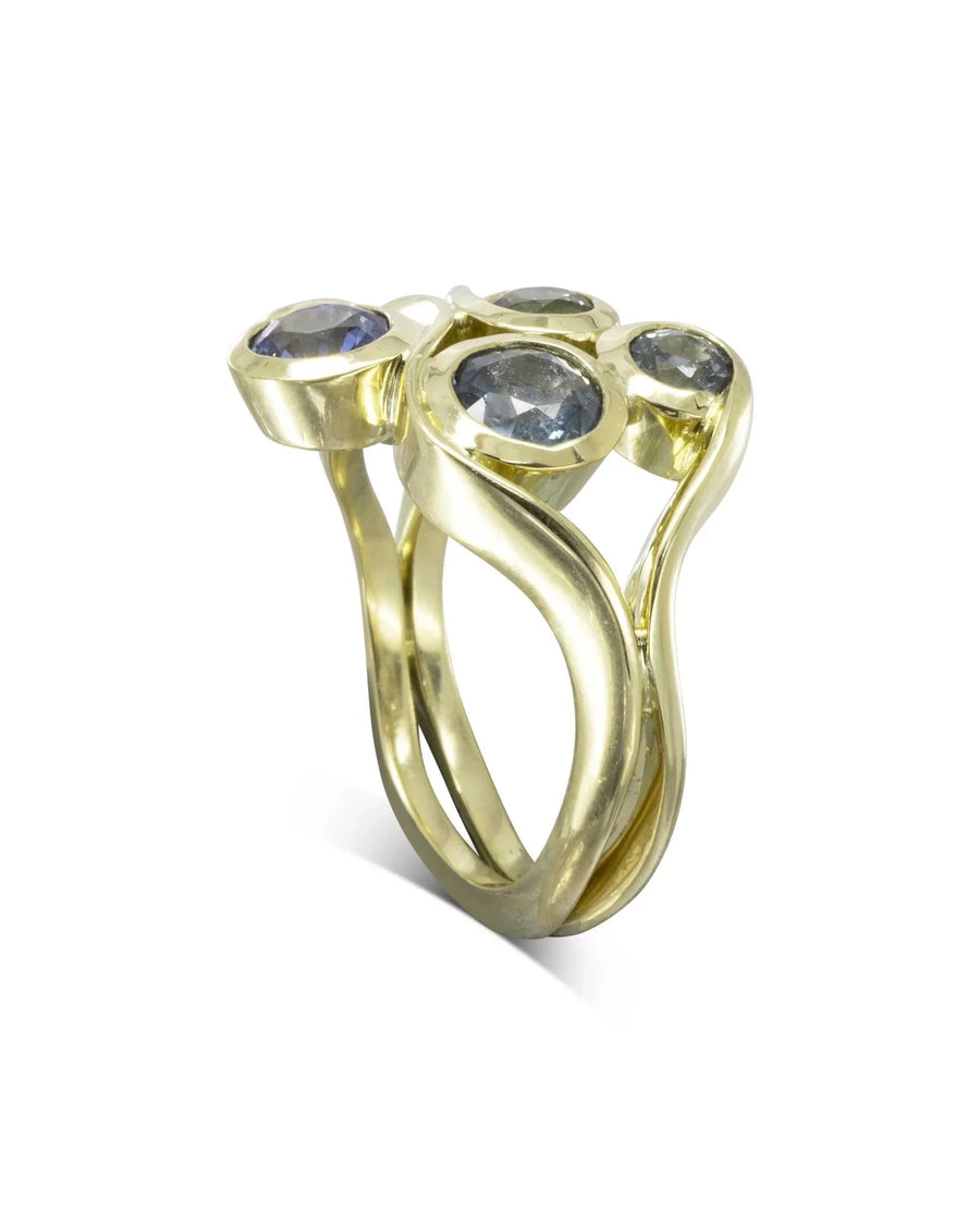 Organic gold ring with sapphire and aquamarine stones, artisan handmade design