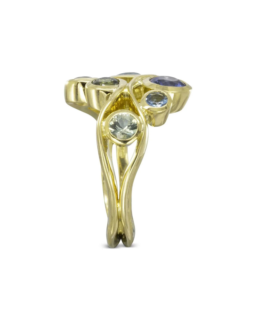 Organic gold ring with sapphire and aquamarine gemstones, handmade with flowing design
