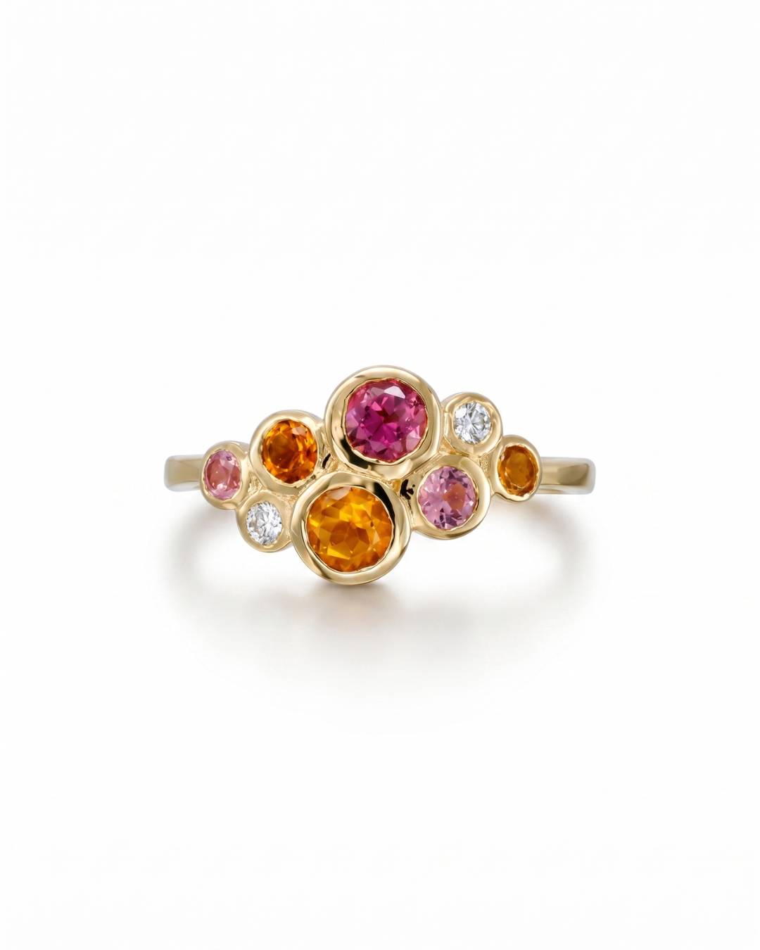 9ct yellow gold cluster ring with pink tourmaline, citrine, and diamond gemstones.