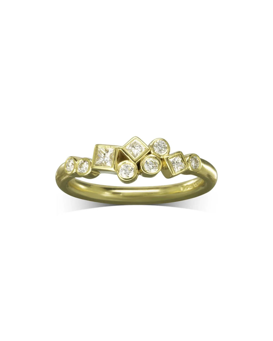 9ct yellow gold ring with round and square diamonds in a cluster design.