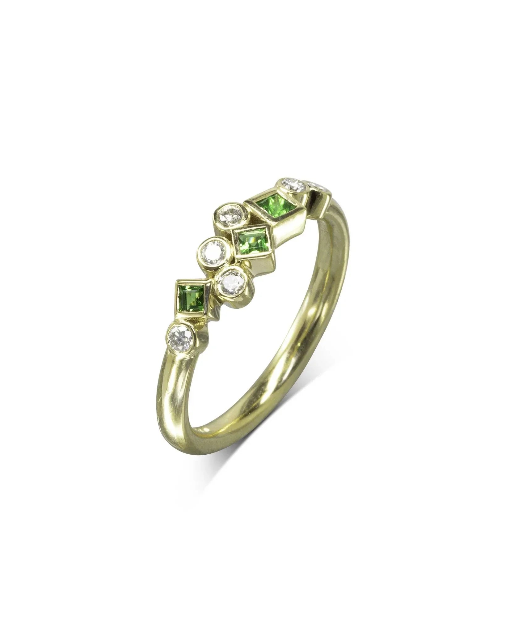 9ct yellow gold half eternity ring with emerald and diamond gemstones.