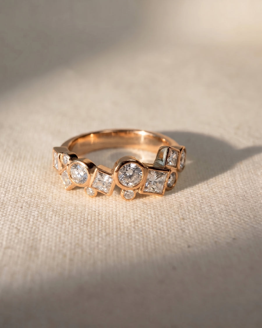 18ct rose gold ring with large, unique diamond shapes.