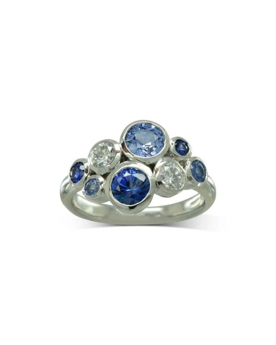 Platinum ring with cluster of blue sapphires and diamonds in organic bubble design