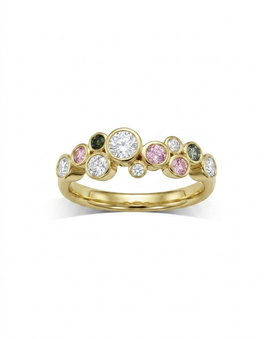 Gold half eternity ring with sapphire, diamond, and pink sapphire gemstones in a bubble design.