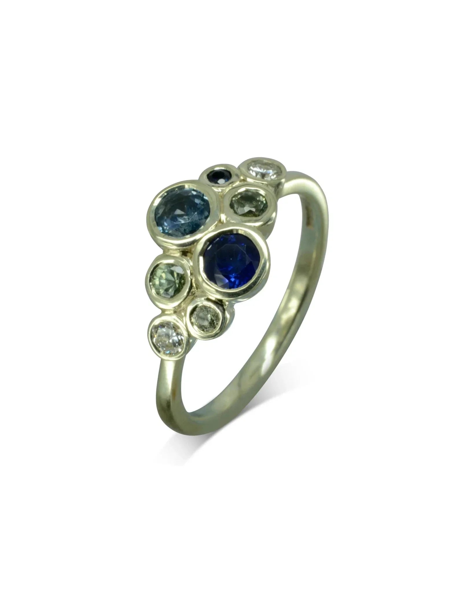 Water Bubbles Teal and Blue Sapphire Diamond Cluster Ring Ring Pruden and Smith