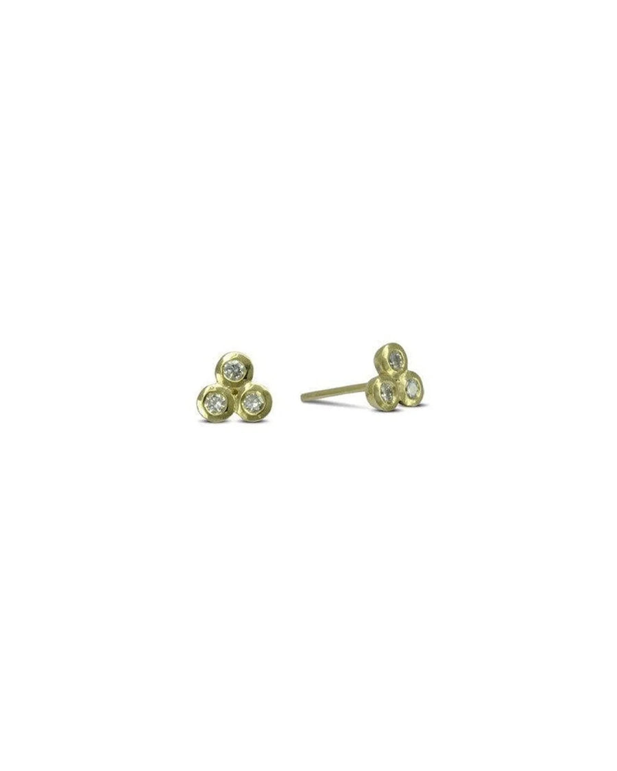 Gold trefoil stud earrings with three round diamonds.