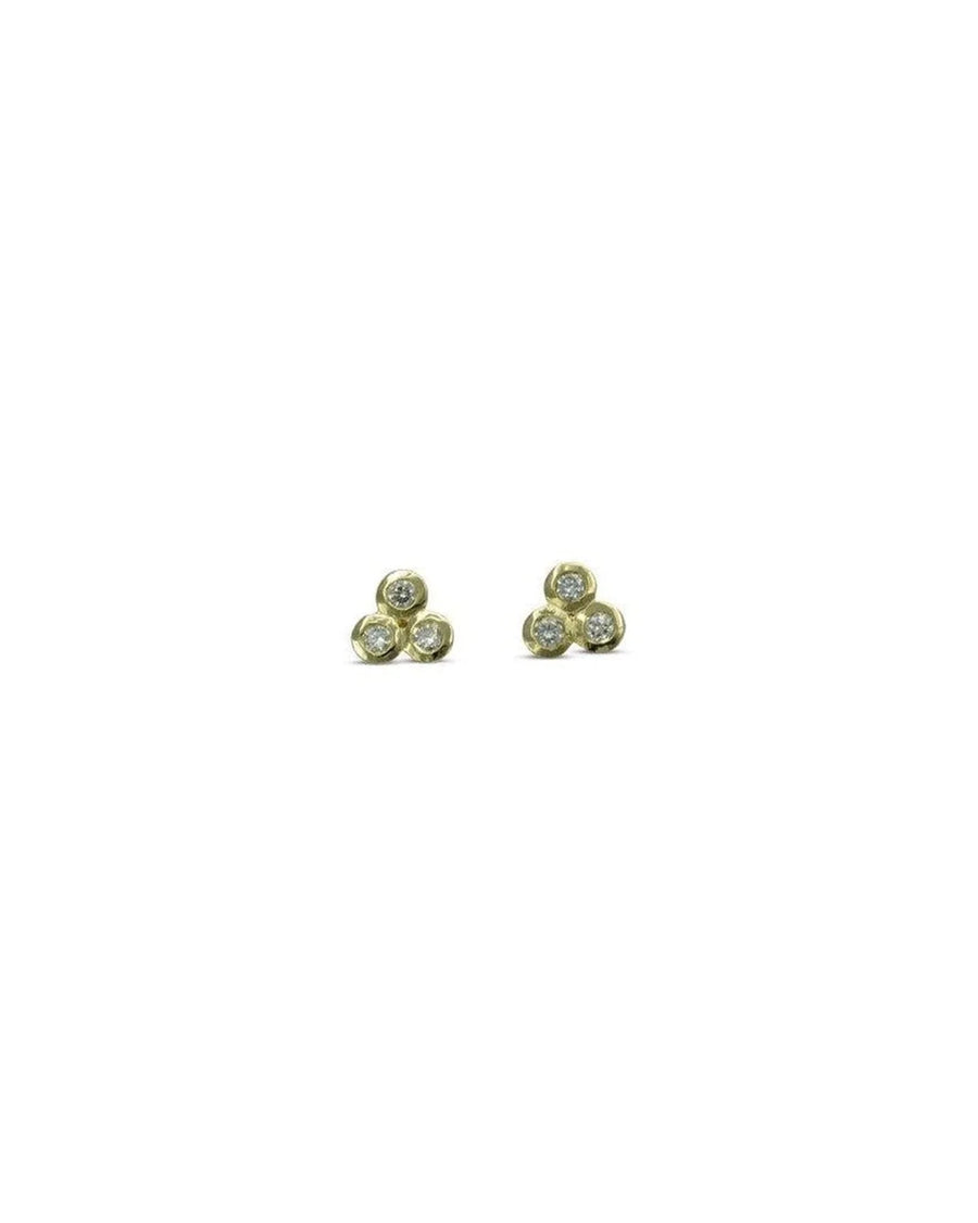 Gold trefoil stud earrings with three round diamonds each.