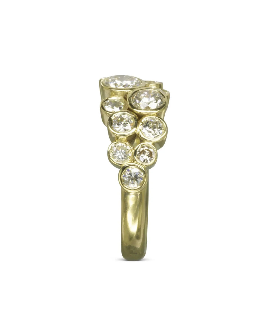 Gold ring with two rows of round diamonds in a bubble design.