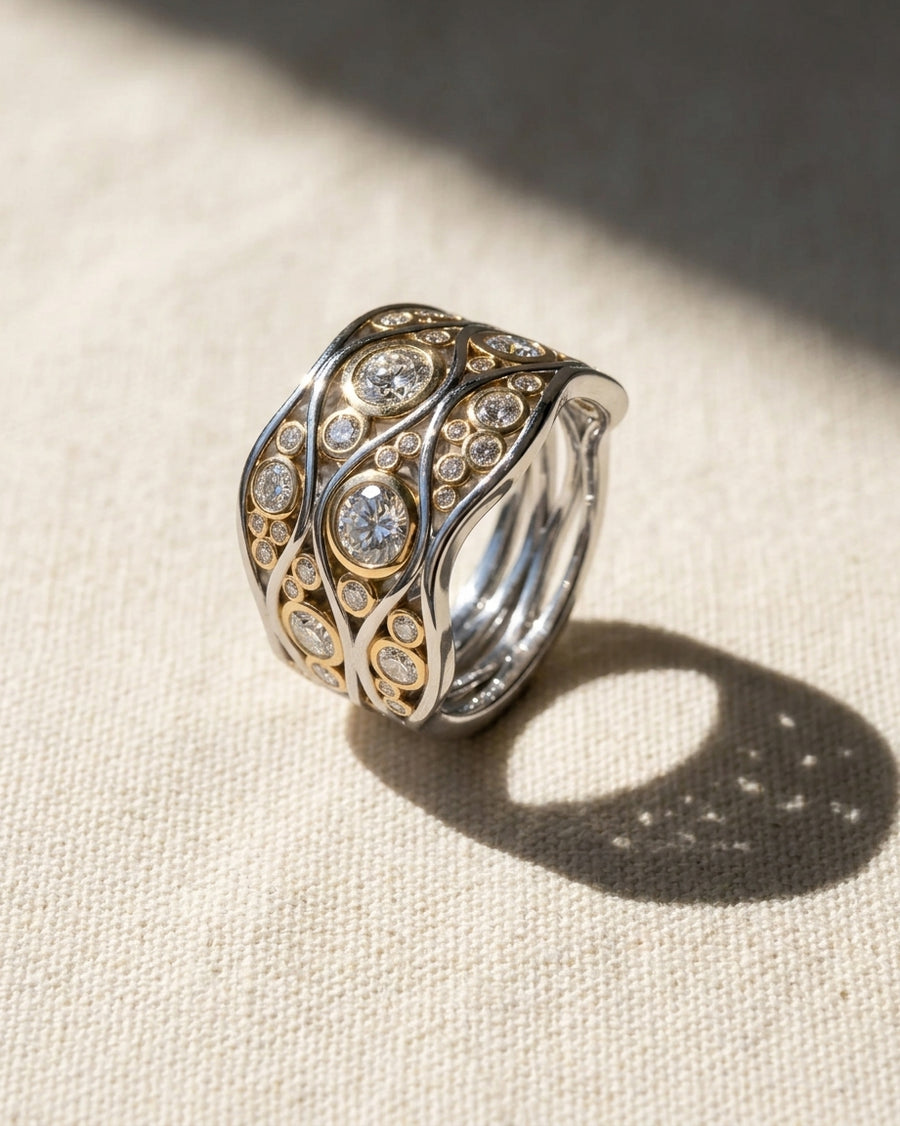 Two-tone gold and silver Bubbles Wave diamond eternity ring.