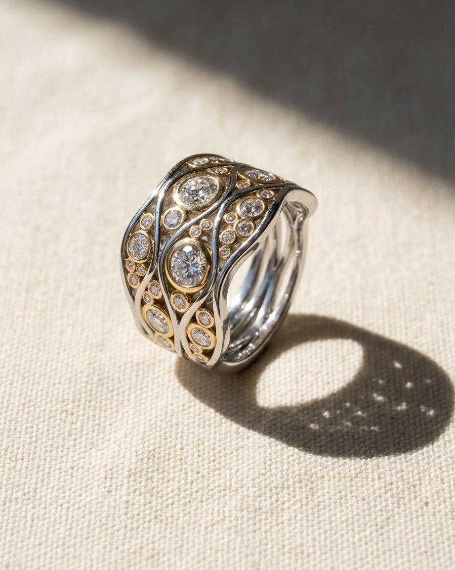 Two-tone gold and silver Bubbles Wave diamond eternity ring.