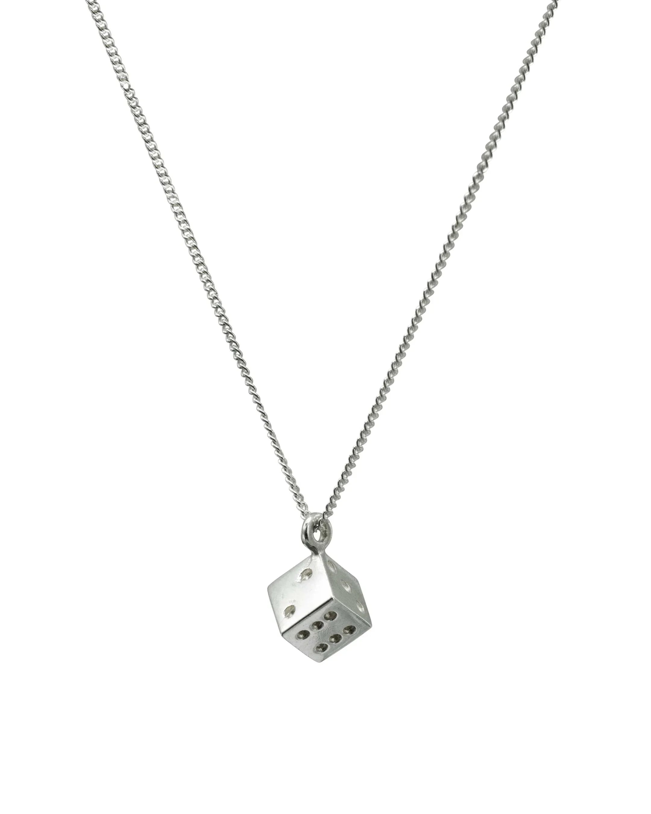 Silver dice pendant on a fine chain necklace, luxury handmade jewellery design