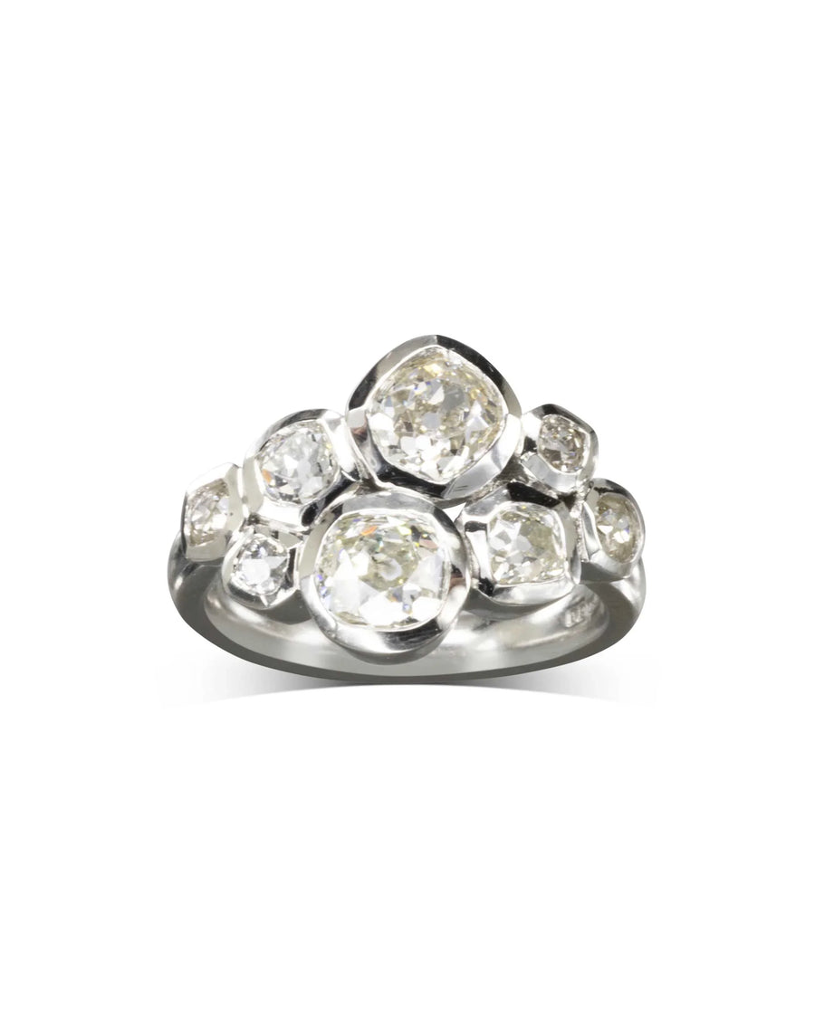 Unusual Carved Old Cut Diamond Platinum Cluster Ring Pruden and Smith