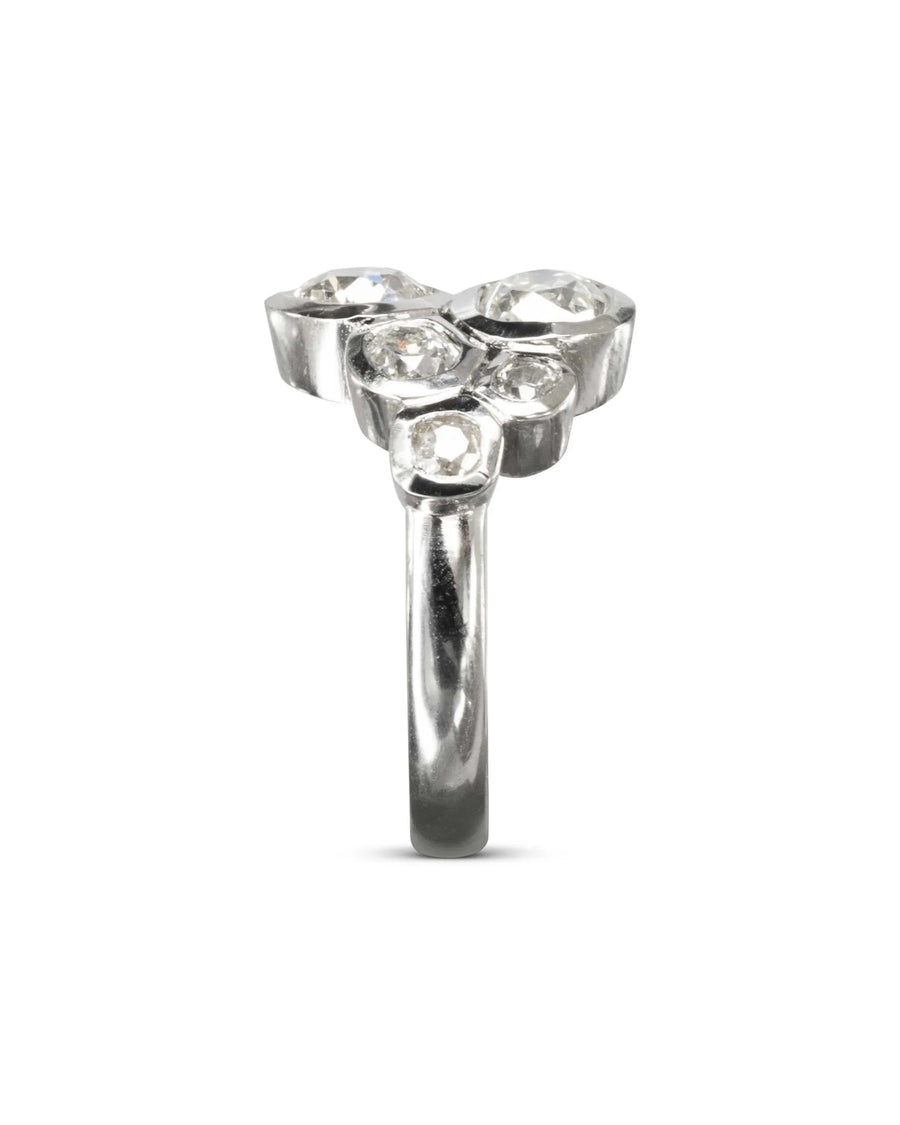 Side View Carved Old Cut Diamond Platinum Cluster Ring Pruden and Smith