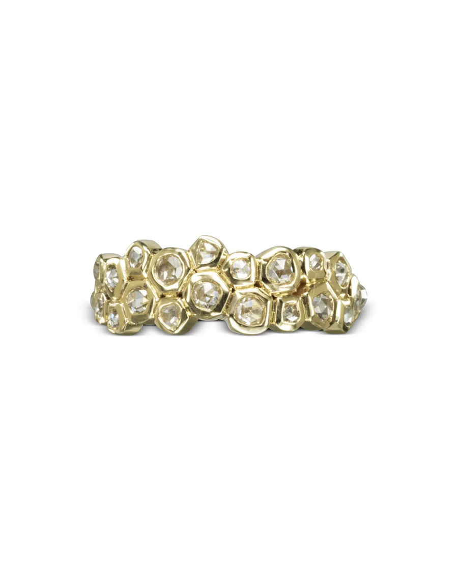yellow gold eternity ring with two rows of bubble-shaped settings and sparkling diamonds