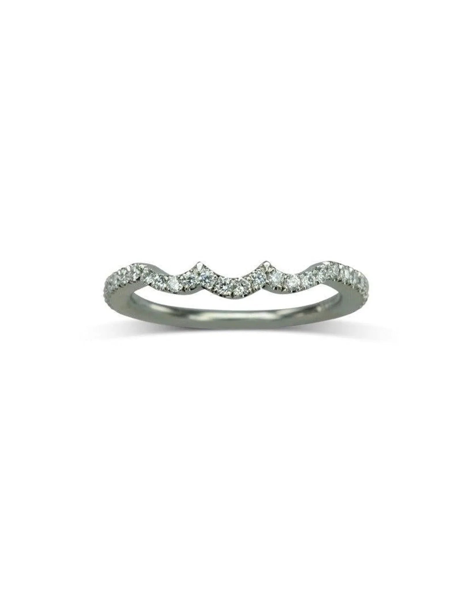 diamond shaped ring with pavé set stones and elegant wavy band design on white background