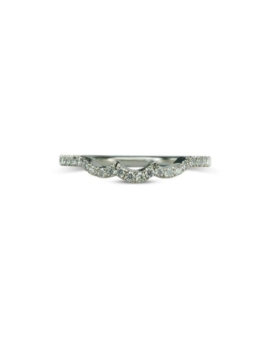 Diamond-shaped white gold ring with pavé-set diamonds and scalloped edge