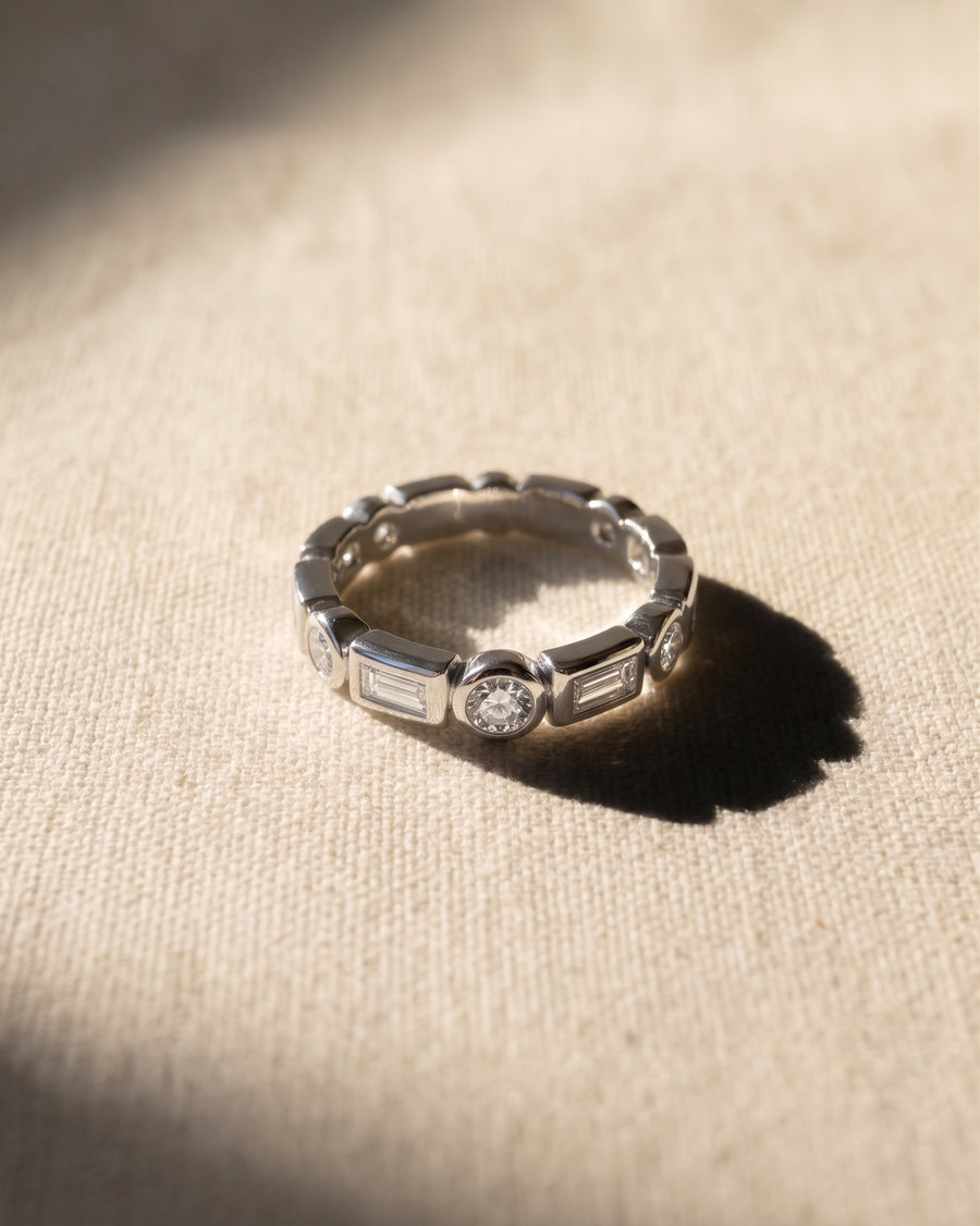9ct white gold eternity ring with alternating baguette and round brilliant cut diamonds.