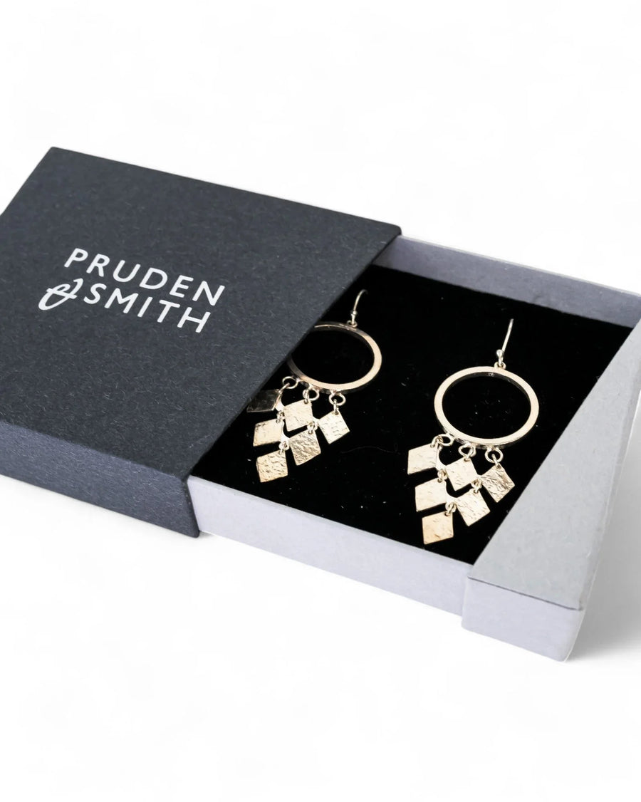 Silver gold drop chandelier earrings with hammered texture in a gift box