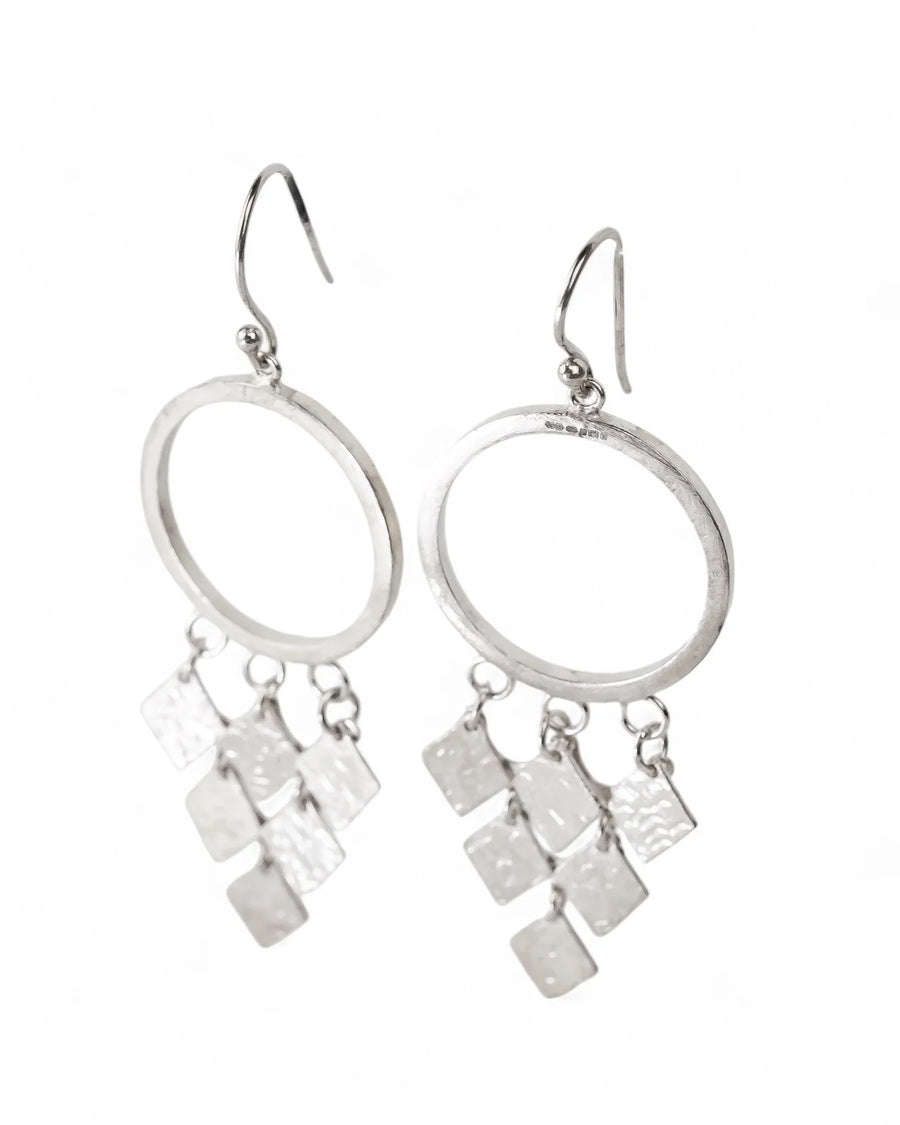 Handmade silver chandelier drop earrings with hammered square charms
