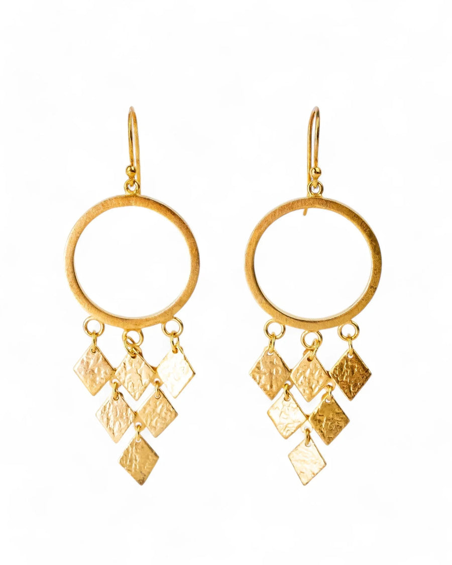 Handmade gold chandelier drop earrings with hammered diamond shapes and organic texture