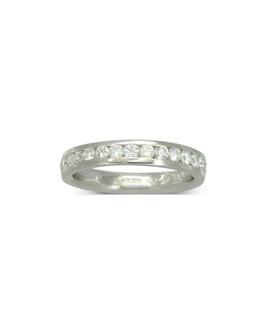 Silver channel set diamond wedding ring.