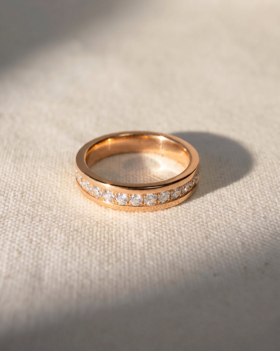 18ct rose gold channel set diamond ring.