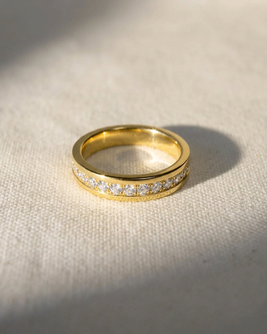 18ct yellow gold channel set diamond ring.