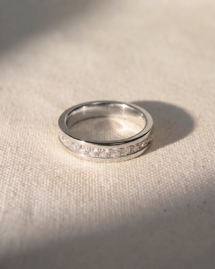 Platinum channel set diamond ring.