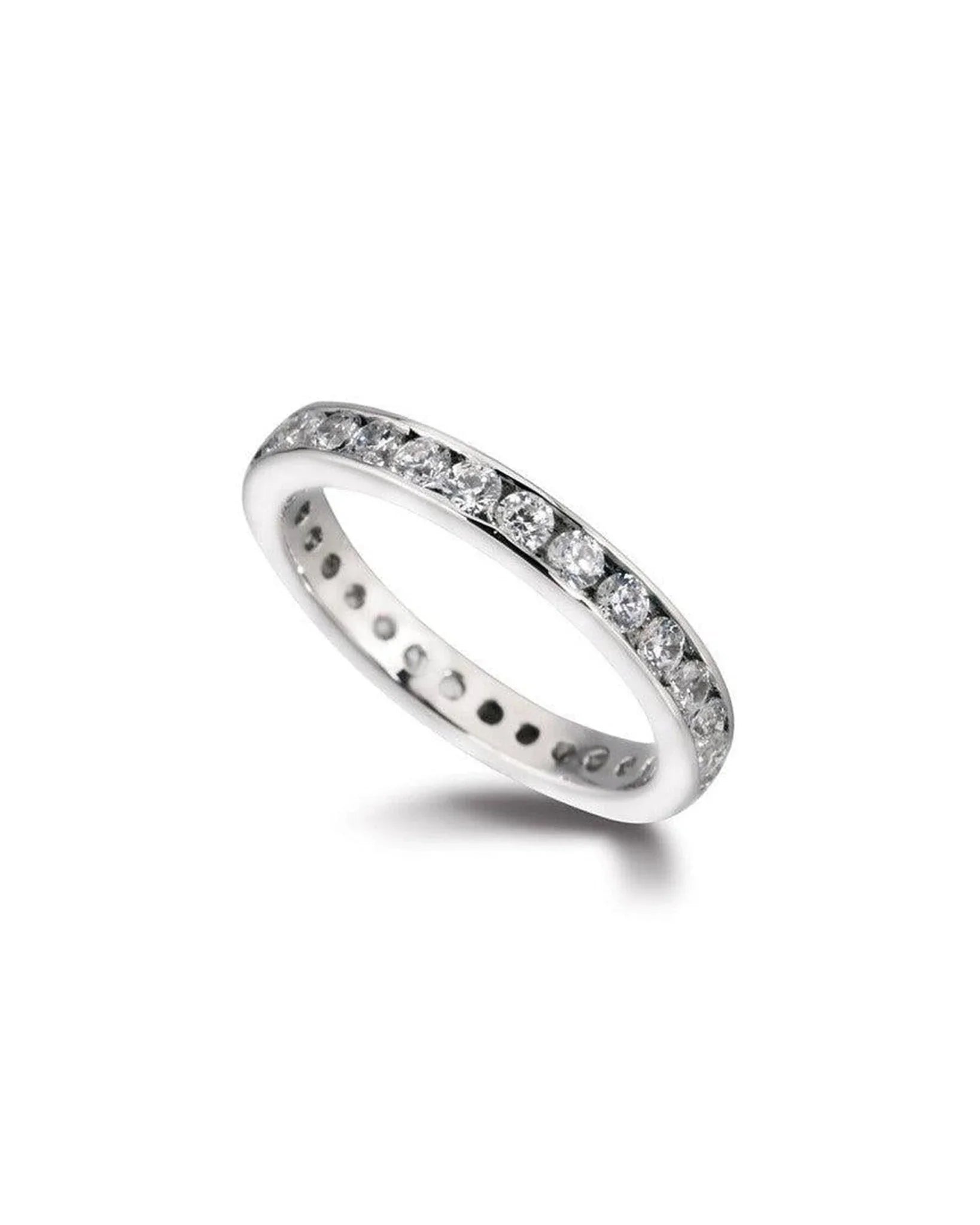 White gold channel set round brilliant diamond ring.