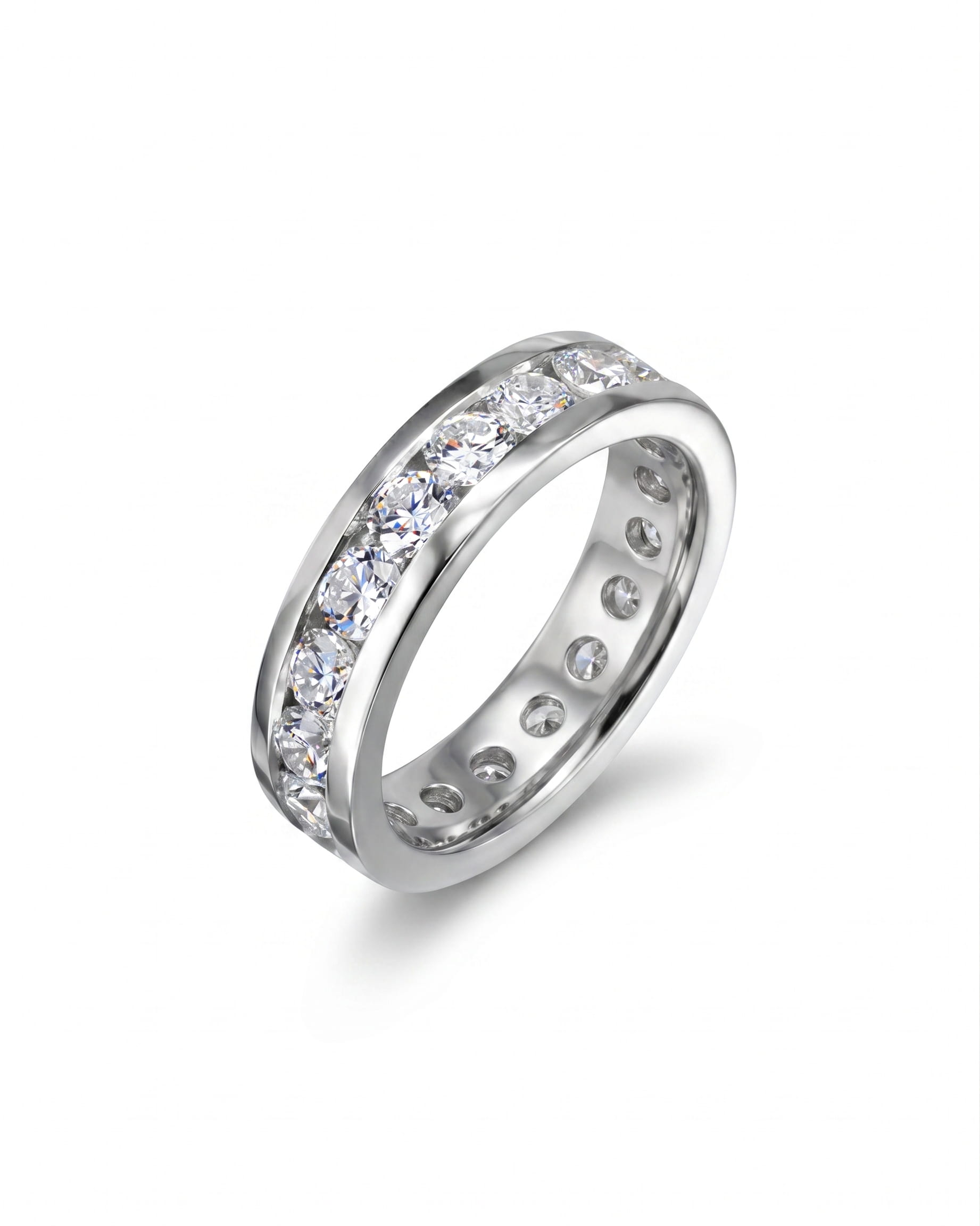 Silver channel set round brilliant diamond eternity ring.