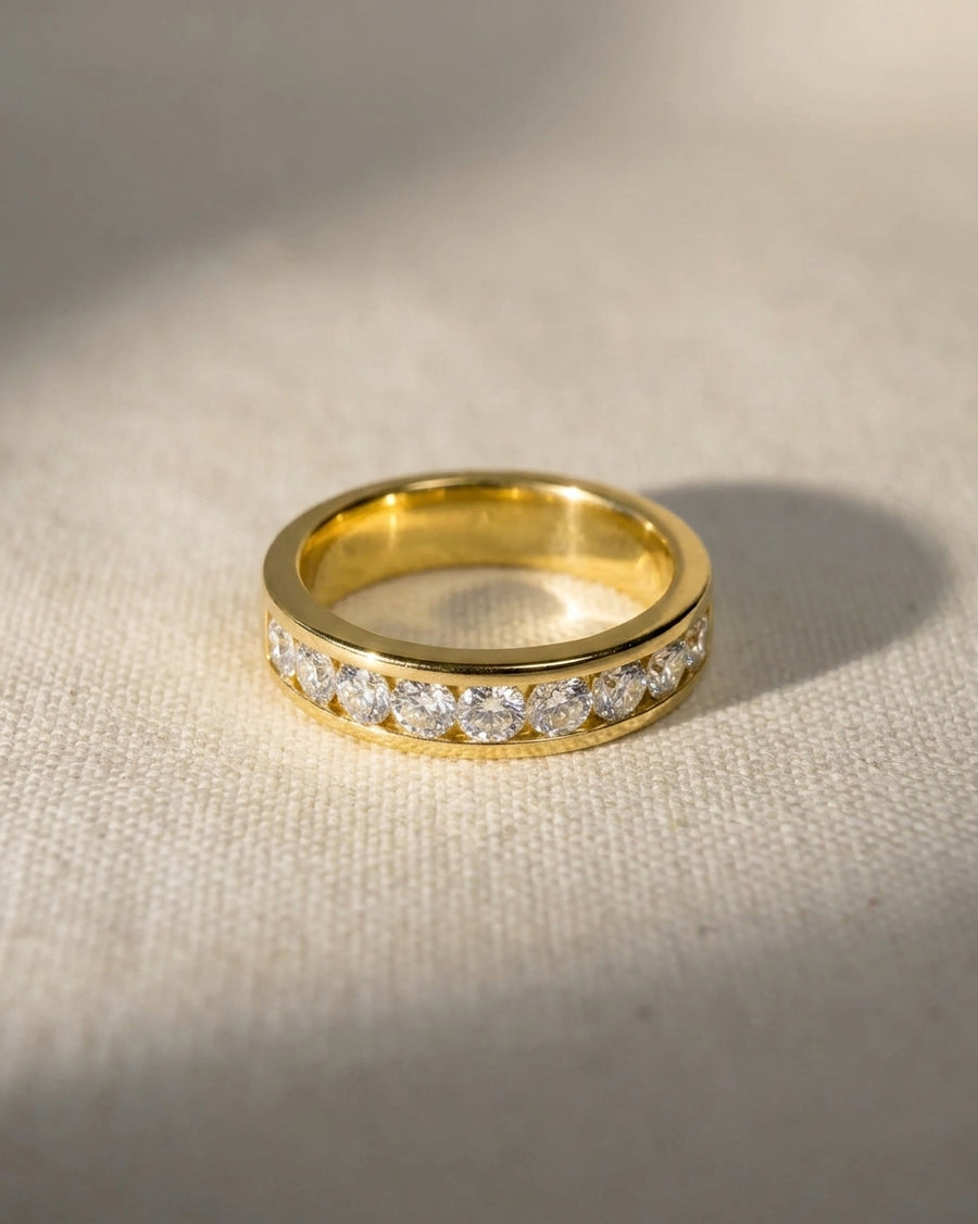 18ct yellow gold half eternity ring with channel set round lab grown diamonds.