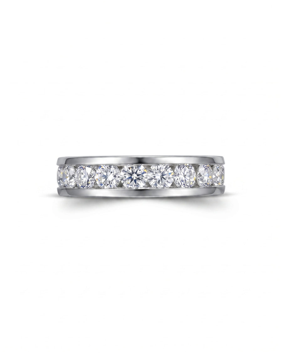 Gold channel set ring with round diamonds.