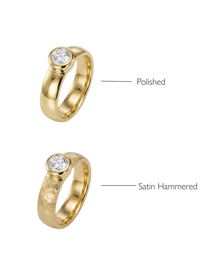 Gold chunky bezel brilliant cut diamond solitaire engagement rings, polished and satin hammered.