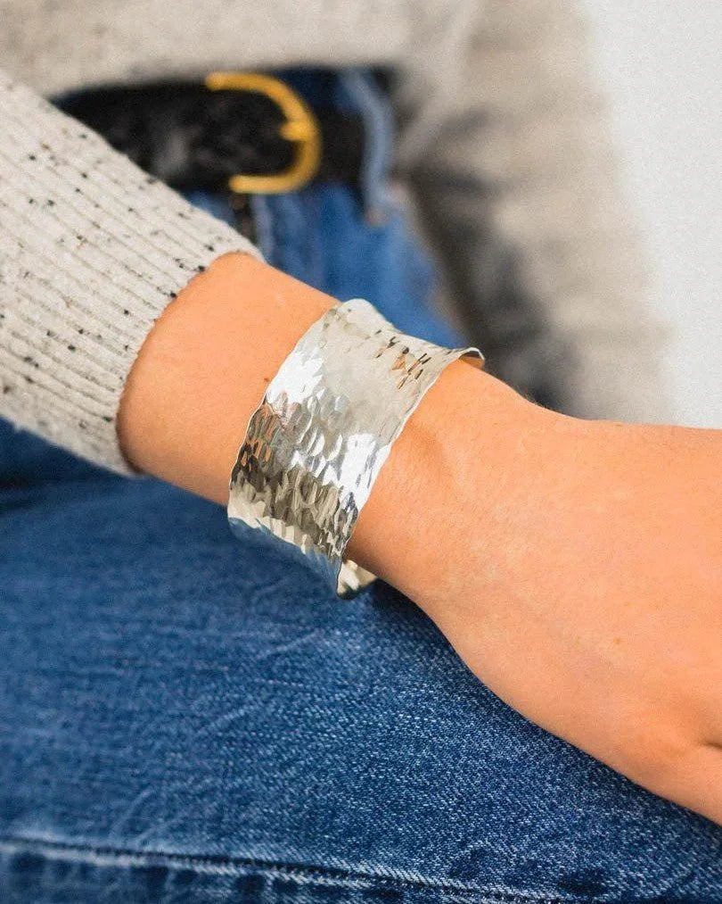 Hammered Concave Solid Silver Cuff Bangle Bangle Pruden and Smith 30mm