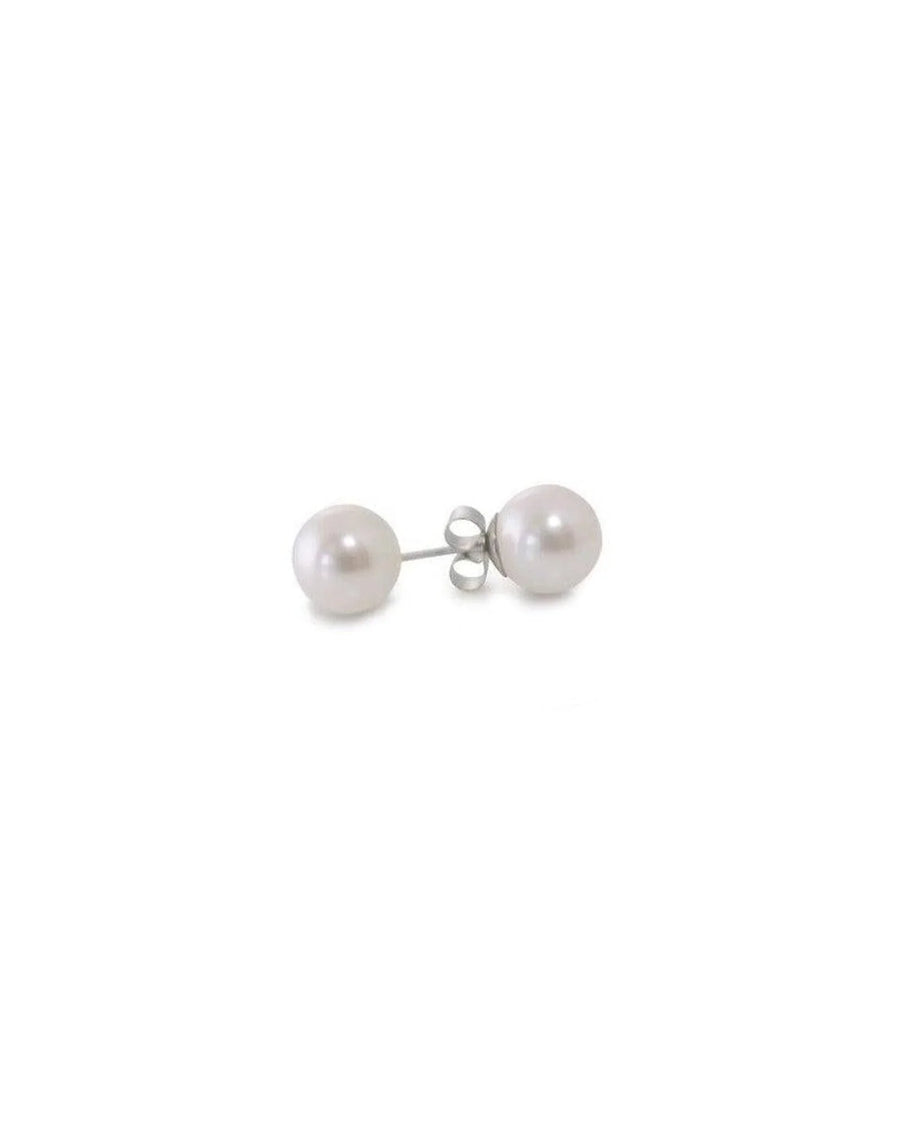 Gold stud earrings with classic round white pearls.