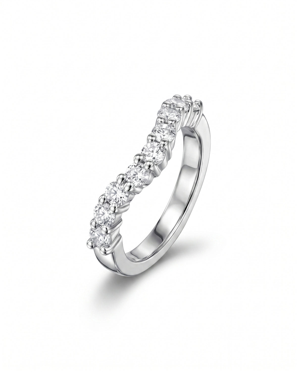 Curved silver wedding ring featuring a row of round cut diamonds in claw settings.