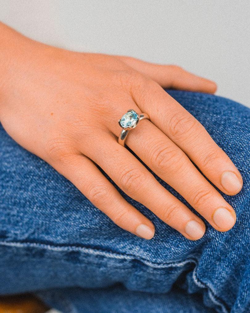 Claw Set Aquamarine White Gold Ring Ring Pruden and Smith