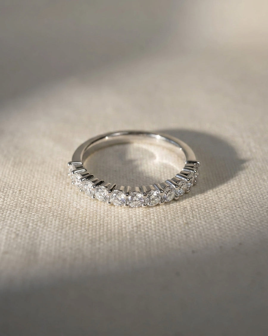 9ct white gold claw set half eternity ring with lab-grown diamonds.