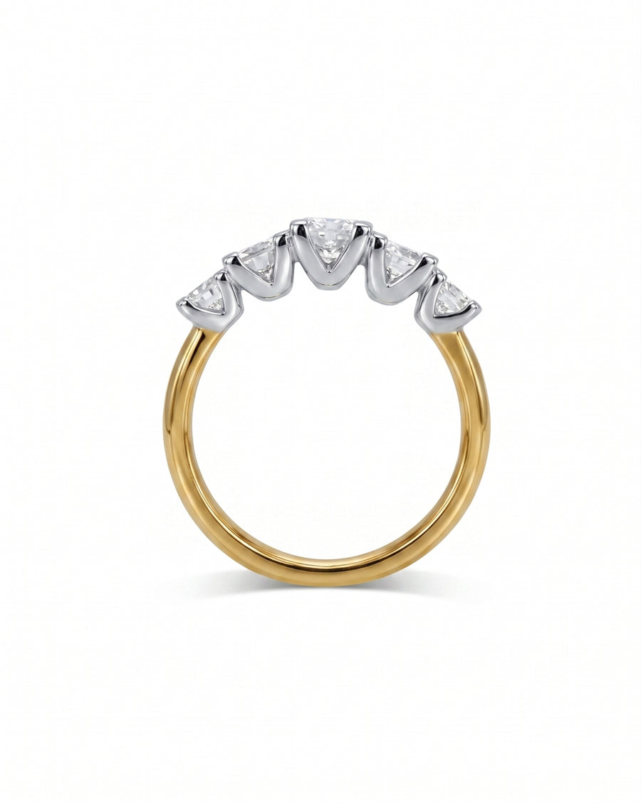 Gold and white gold ring with five claw-set diamonds.
