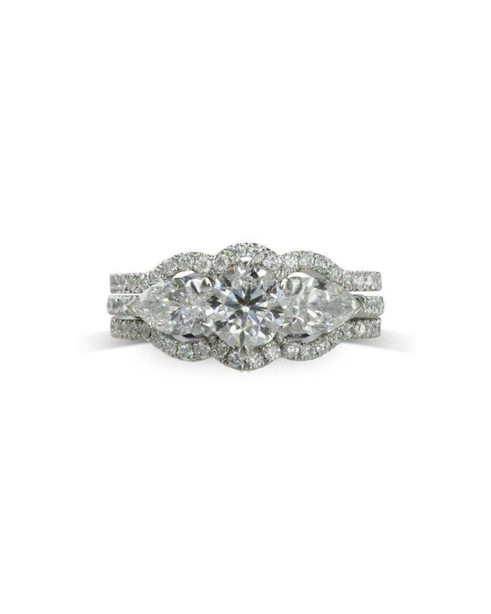 Claw Set Round Brilliant and Pear Shaped Diamond Trilogy Ring Set Ring Pruden and Smith